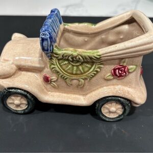 Vintage Ceramic Car Planter with Floral Design